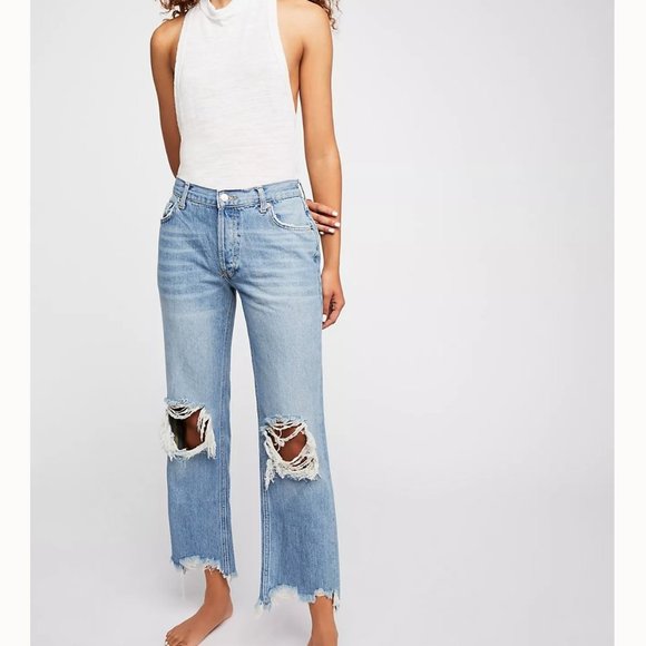 We The Free Denim - Free People Maggie Mid Rise Straight Leg Jeans / light stone wash